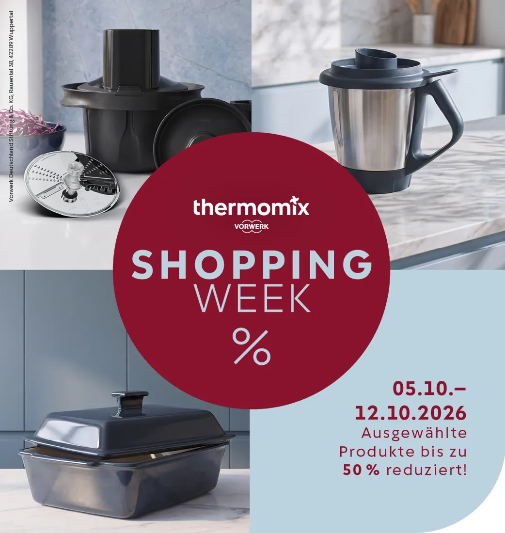 Thermomix Shopping Week 2026 mit bis zu 50 Prozent Rabatt auf ausgewähltes Zubehör bis zum 12. Oktober.